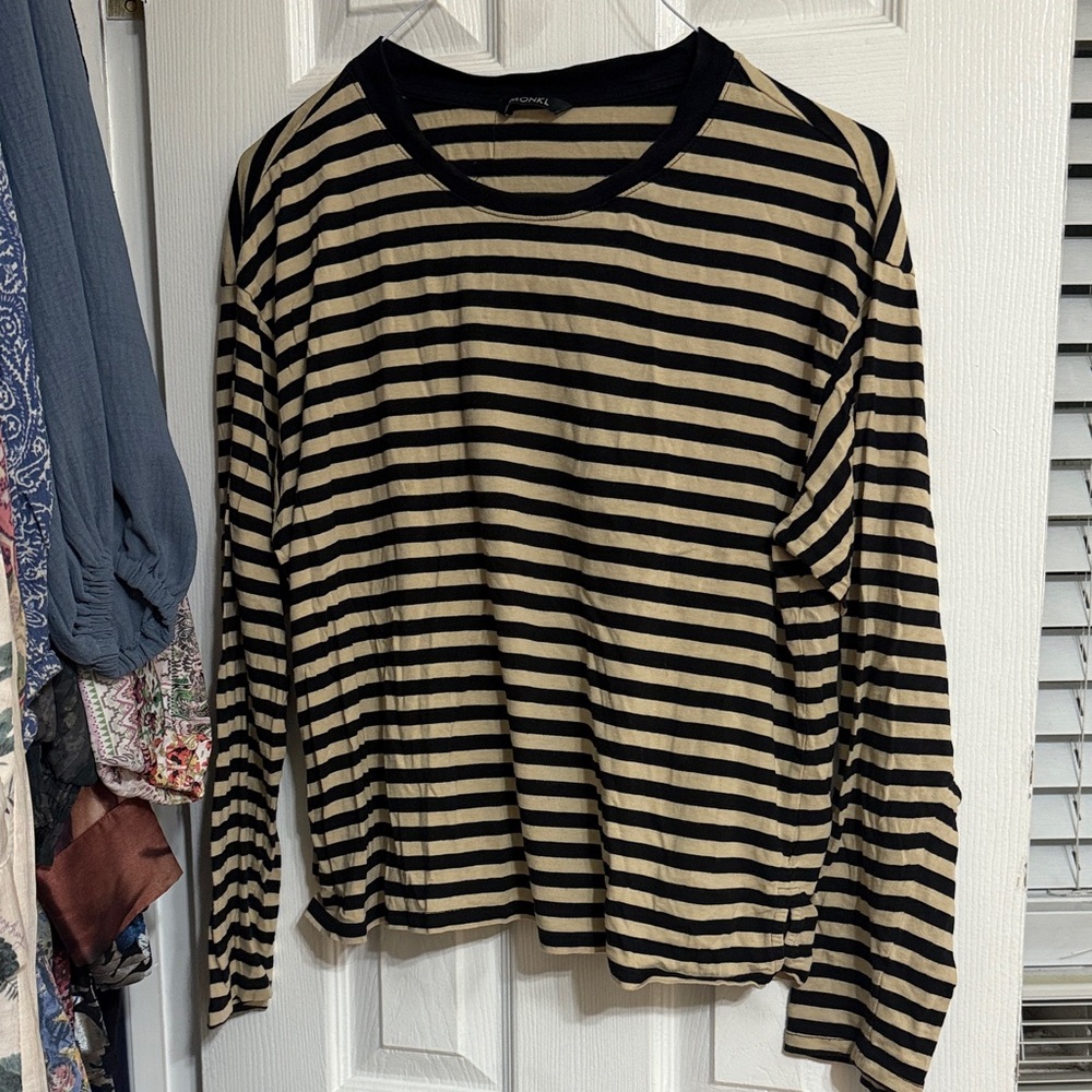 Monki Black and Cream Striped Long Sleeve Top